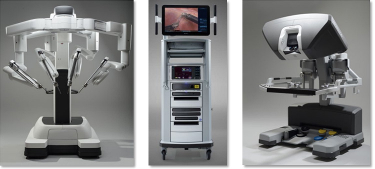 画像：手術支援ロボット「ダビンチ」に含まれる3機。左から「ペイシェントカート」、「ビジョンカート」、「サージョンコンソール」。